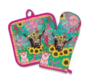 Oven Mitt Pot Holder Set – (Carnival Cow)